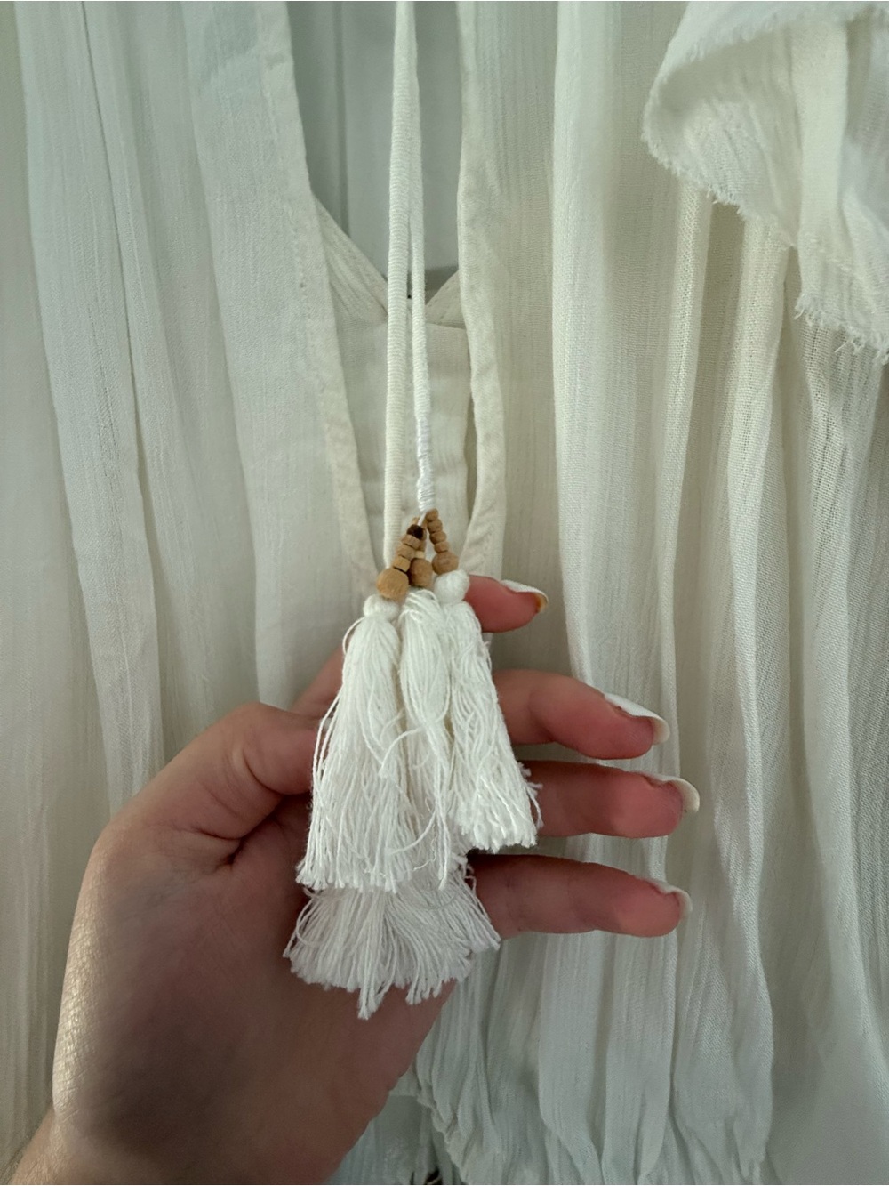 Free People White Vintage Ruffled Off-Shoulder Tassel Cropped Blouse - Picture 3 of 5